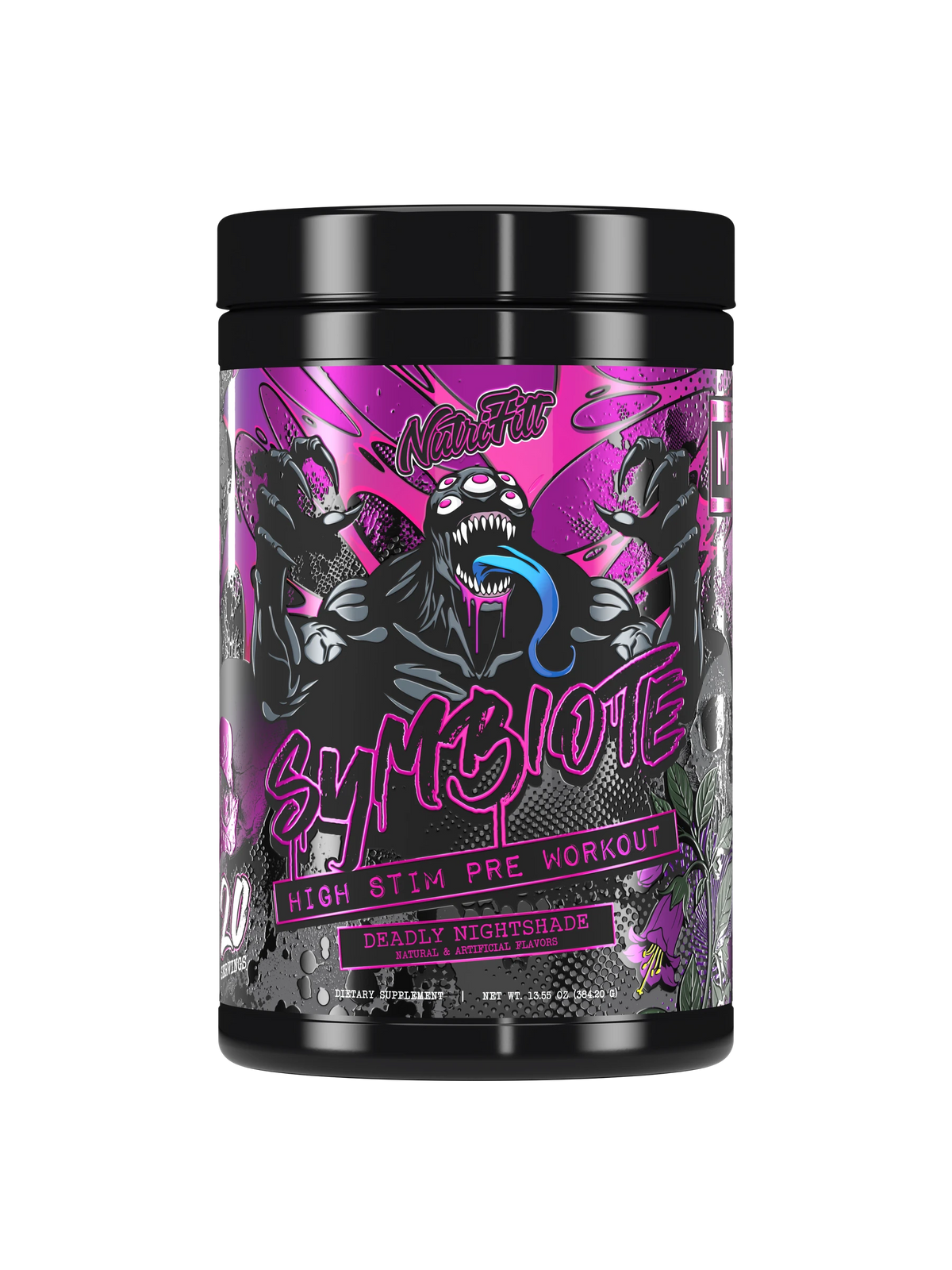 Symbiote Deadly Nightshade high-stim pre-workout tub front, NutriFitt Halloween 2026 drop