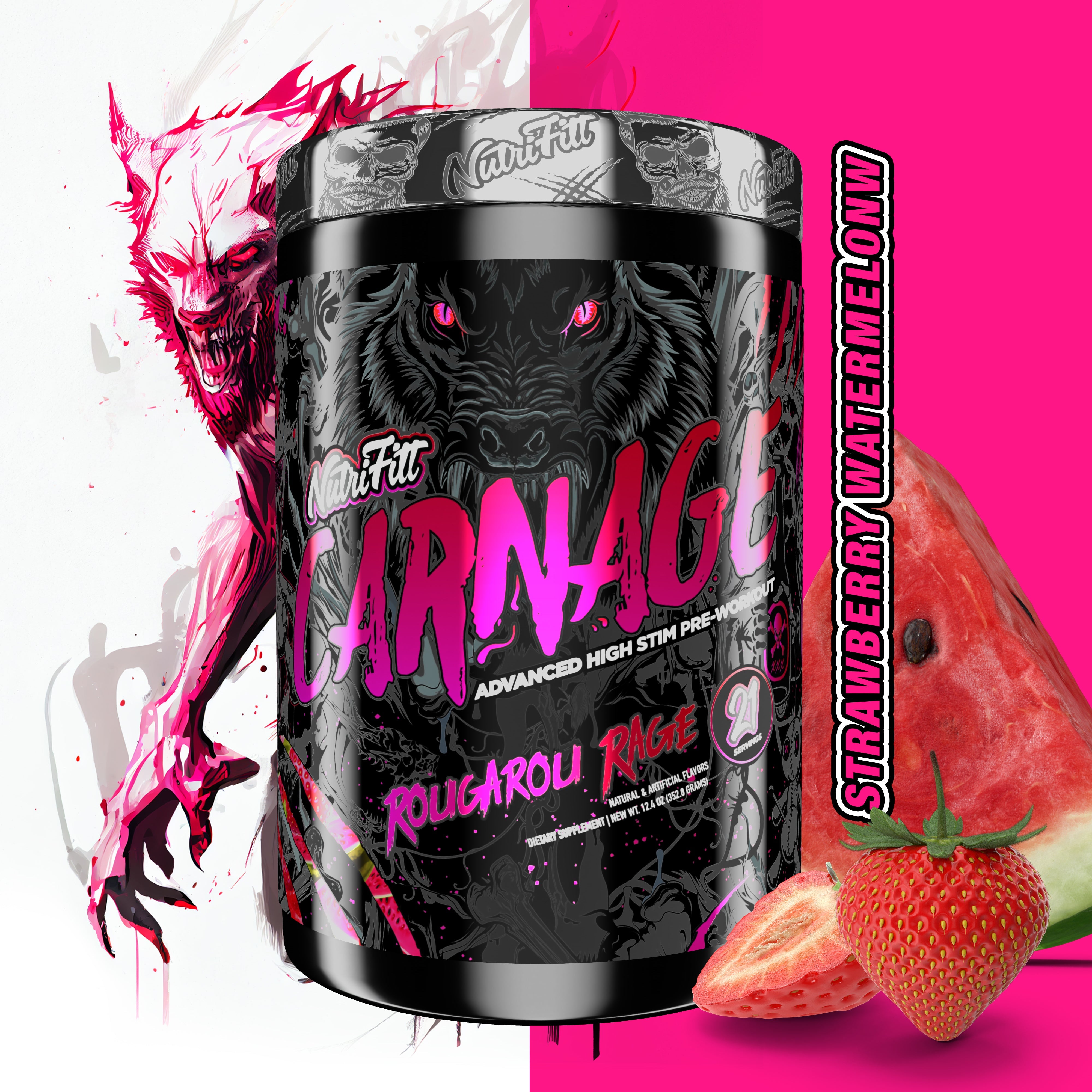 nutriftt carnage advanced high stim preworkout rougarou rage strawberry watermelon